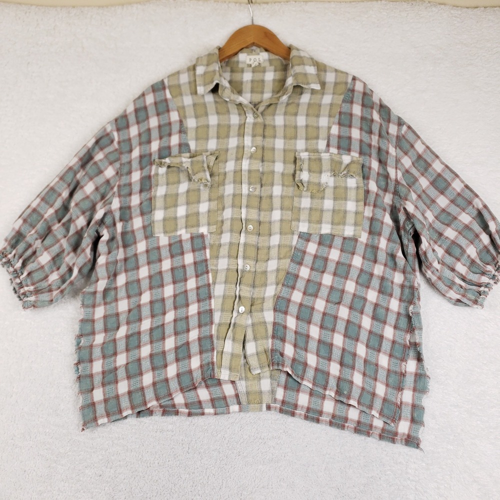 POL SMT1752 Womens Oversized Patchwork Plaid Cotton Gauze Button Up Shirt S